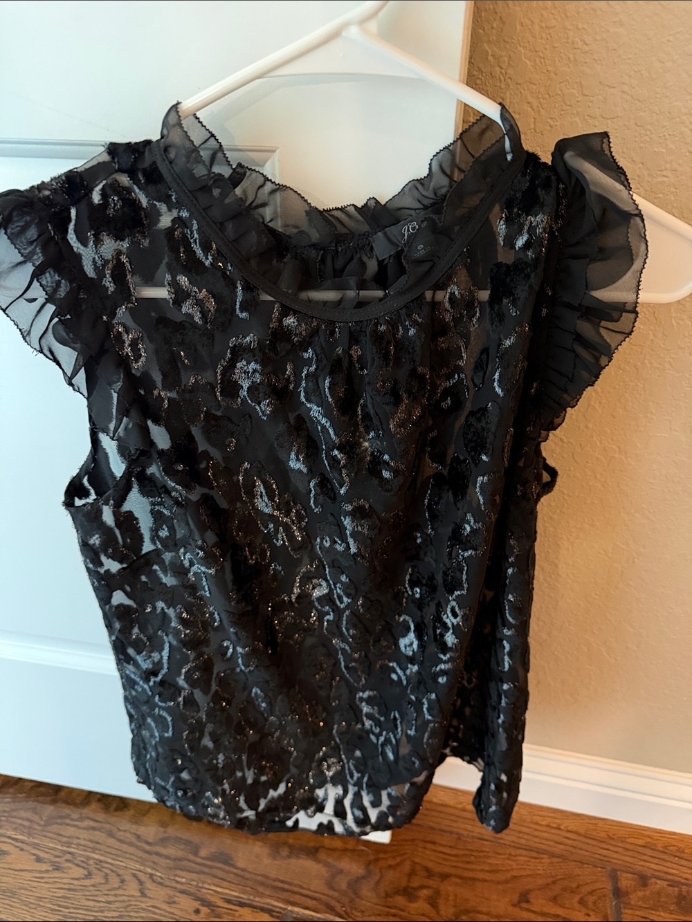 J Crew Black Ruffle Sleeve Sheer Overlay Top